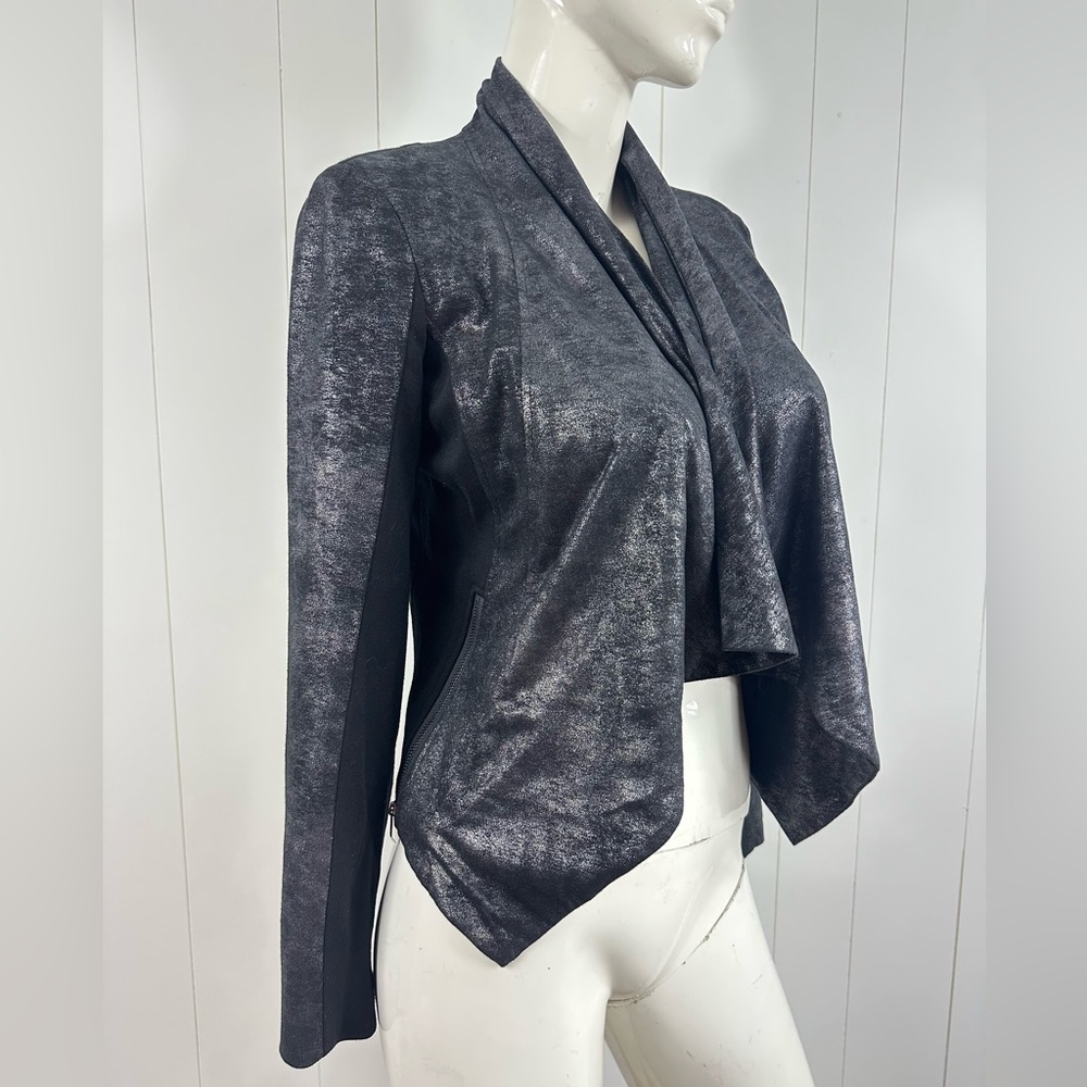 Cache Sz S Black Coated Drape Open Front Cardigan Sweater Side & Sleeve Zip - Picture 3 of 13